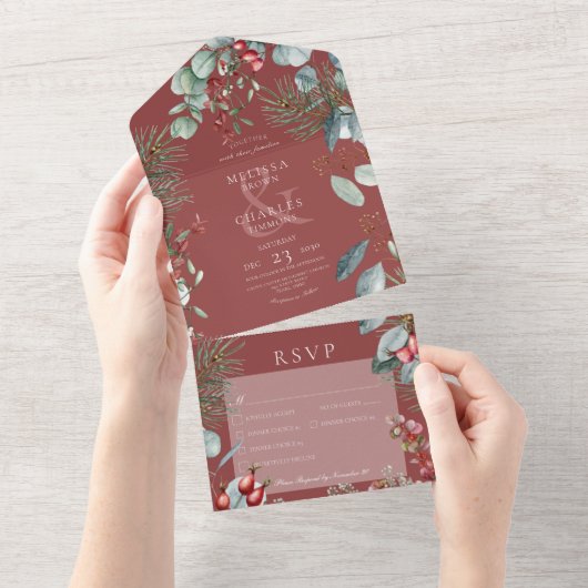 赤い冬の松の実　ユーカリ　三つの夕食 オールインワン招待状 (貼ってはがせる)