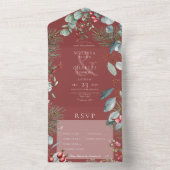 赤い冬の松の実　ユーカリ　三つの夕食 オールインワン招待状 (内側)