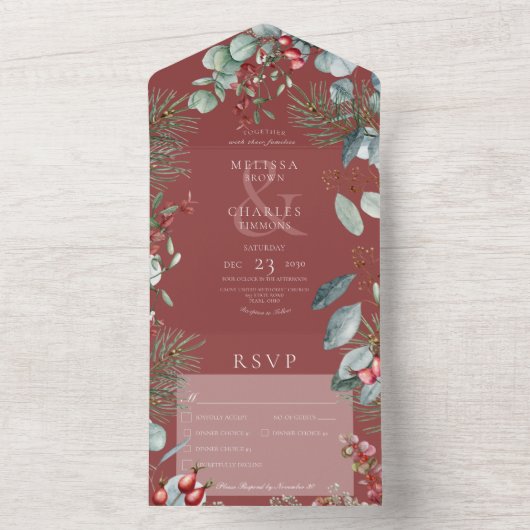 赤い冬の松の実　ユーカリ　三つの夕食 オールインワン招待状 (内側)