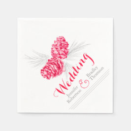 赤い冬の松ぼっくりアートの結婚式用紙ナプキン スタンダードカクテルナプキン