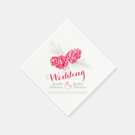 赤い冬の松ぼっくりアートの結婚式用紙ナプキン スタンダードカクテルナプキン