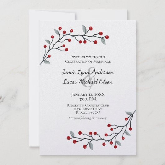赤い冬の果実シンプルにエレガントな結婚式 招待状 (正面)