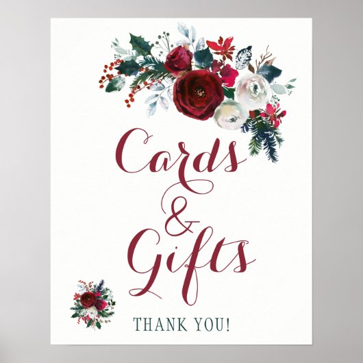 赤い冬の牡丹の花束のカードと結婚のサイン ポスター (正面)