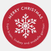 赤い冬の雪の結晶クリスマスギフトタグステッカー ラウンドシール (正面)