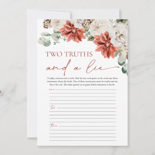 赤い冬の2つの真実と嘘のブライダルシャワーゲーム 招待状 (正面)