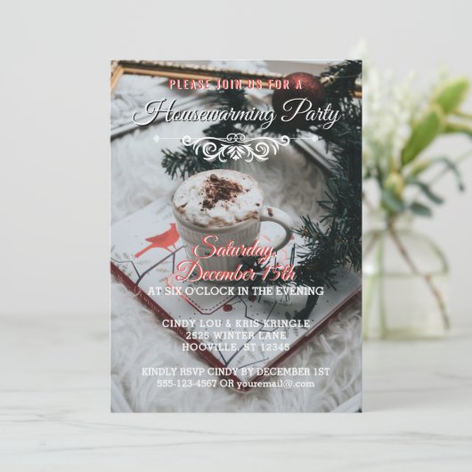 赤い冬休みのエレガントな引っ越し祝いパーティーのパーティー 招待状 (スタンド正面)