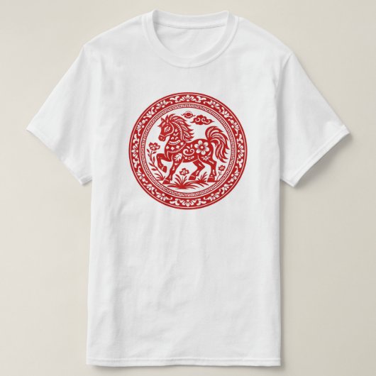 赤い切り絵の馬の伝統芸術 Tシャツ (デザイン正面)