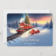 赤い列車のクリスマスツリーホリデーカード