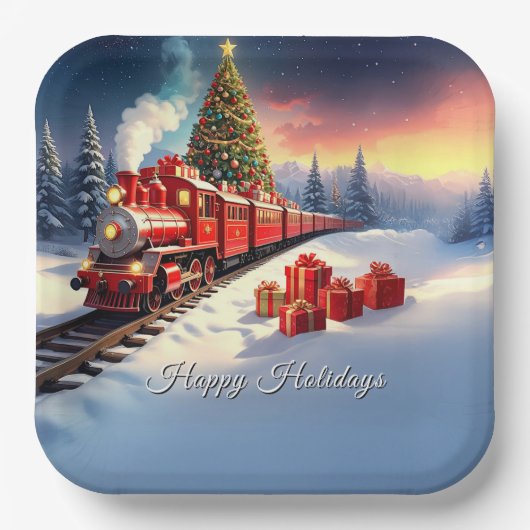赤い列車のクリスマスツリー ホリデー紙皿 ペーパープレート (正面)