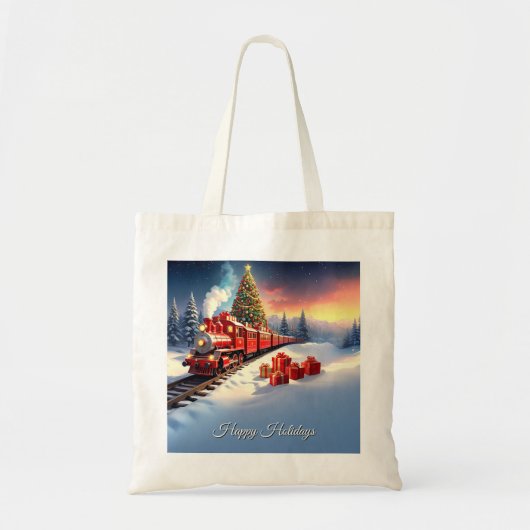 赤い列車のクリスマスツリー ホリデー トートバッグ (正面)