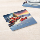 赤い列車のクリスマスツリー ホリデー ペーパーコースター (アングル)