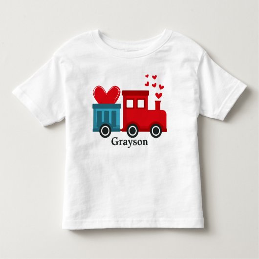 赤い列車のハートがバレンタインデーを愛する子供の名前 トドラーTシャツ (正面)