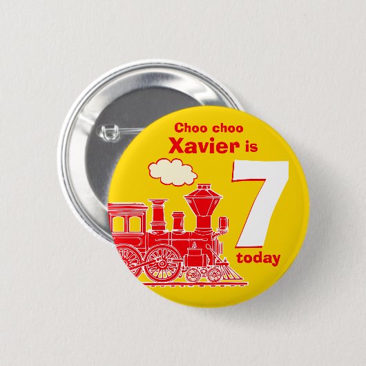 赤い列車の誕生日の名前と年齢の黄色のバッジ 缶バッジ (正面&裏面)