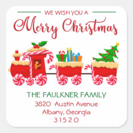 赤い列車メリークリスマスレッドとグリーンアドレス スクエアシール