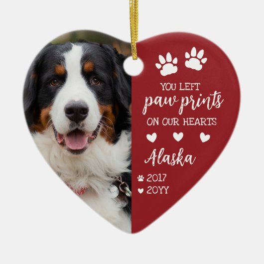 赤い前刷りハートのペット写真 セラミックオーナメント (正面)