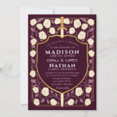 赤い剣と盾のファンタジーウェディングQRコード 招待状 (正面)