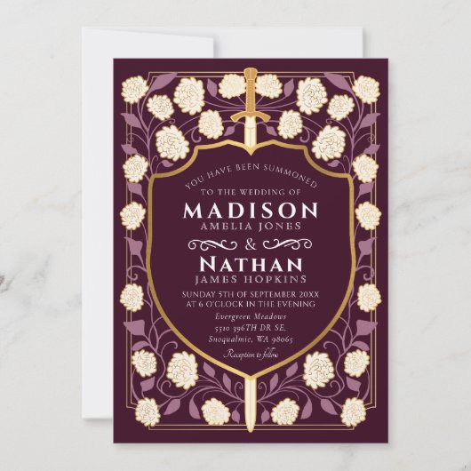 赤い剣と盾のファンタジーウェディングQRコード 招待状 (正面)