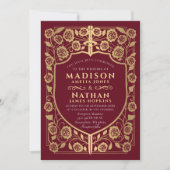 赤い剣と盾の紋章 中世結婚式 招待状 (正面)