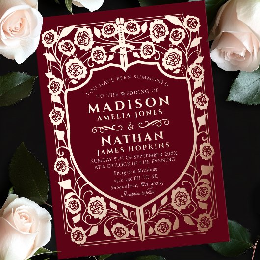 赤い剣と盾の紋章 結婚式 箔招待状