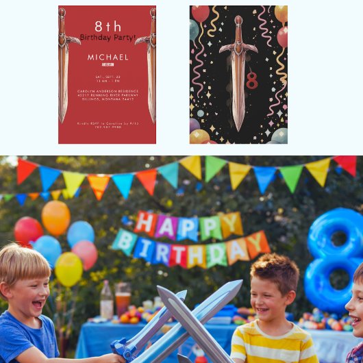 赤い剣の8歳の誕生日パーティーの招待状 招待状