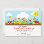 赤い動物サーカストレインのキッズ誕生日 招待状 (正面)