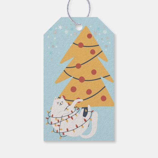 赤い包まれたクリスマスツリー灯の白い猫 ギフトタグ (裏面)