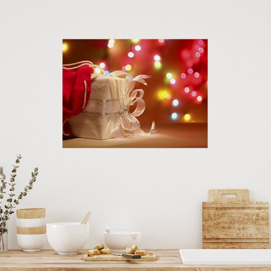 赤い包まれたバッグの白いクリスマスプレゼント ポスター (キッチン)