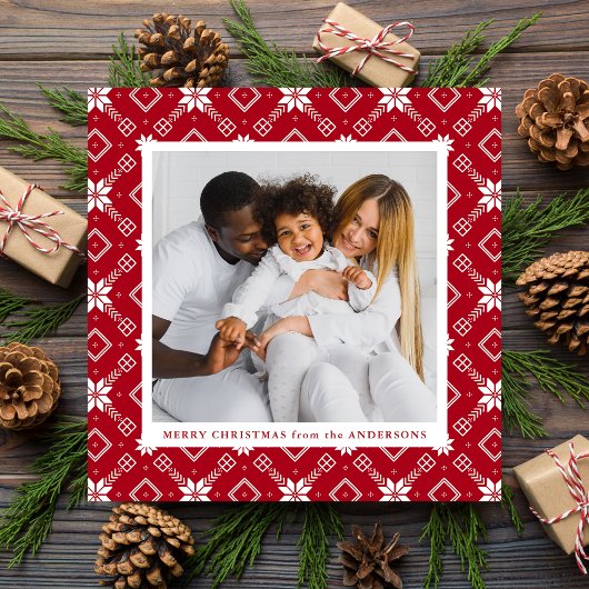 赤い北欧のスノーフレーク・パターン写真 シーズンカード