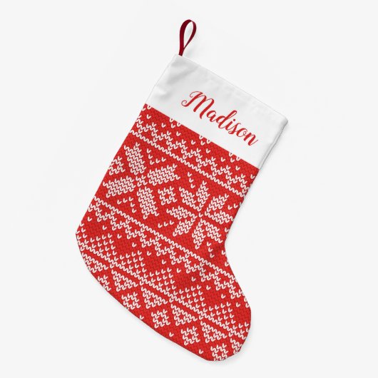 赤い北欧スノーフレークのセーターのパタパーソナライズされたーン スモールクリスマスストッキング (正面 (吊り時))