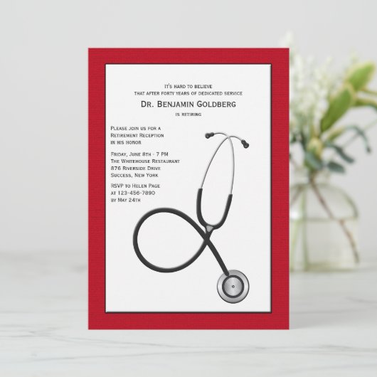 赤い医療除縁ど任請求書付き聴診器 招待状 (スタンド正面)