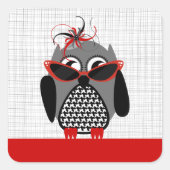 赤い千鳥格子のサングラス&ハットシール付きフクロウ スクエアシール (正面)