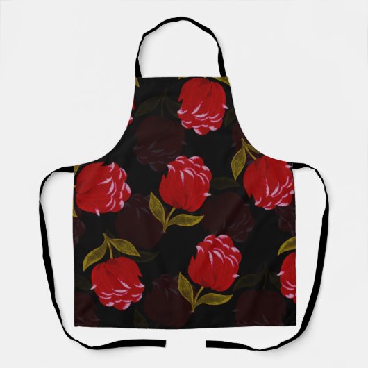 赤い半透明バラ刺繍模様 エプロン (正面)