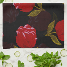 赤い半透明バラ刺繍模様 キッチンタオル