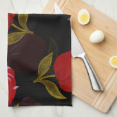 赤い半透明バラ刺繍模様 キッチンタオル (四つ折り)