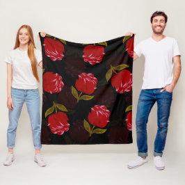 赤い半透明バラ刺繍模様 フリースブランケット