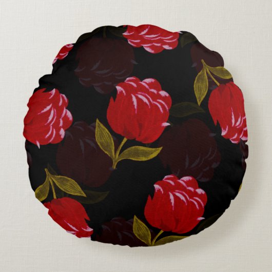 赤い半透明バラ刺繍模様 ラウンドクッション (正面)