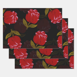 赤い半透明バラ刺繍模様 ラッピングペーパーシート