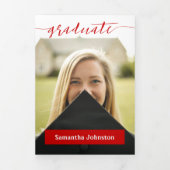 赤い卒業スクリプトの現代的な3枚の写真 三つ折り招待状 (カバー)