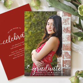 赤い卒業写真の書道ハート モダン 案内状