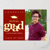 赤い卒業写真はっきりしたタイポグラフィキャップ実在金ゴールド 箔招待状 (正面)