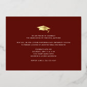 赤い卒業写真はっきりしたタイポグラフィキャップ実在金ゴールド 箔招待状 (裏面)