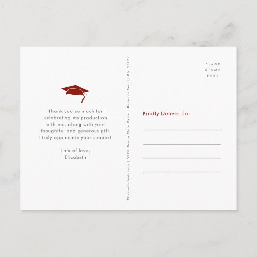 赤い卒業写真はっきりしたタイポグラフィ感謝していユー ポストカード (裏面)