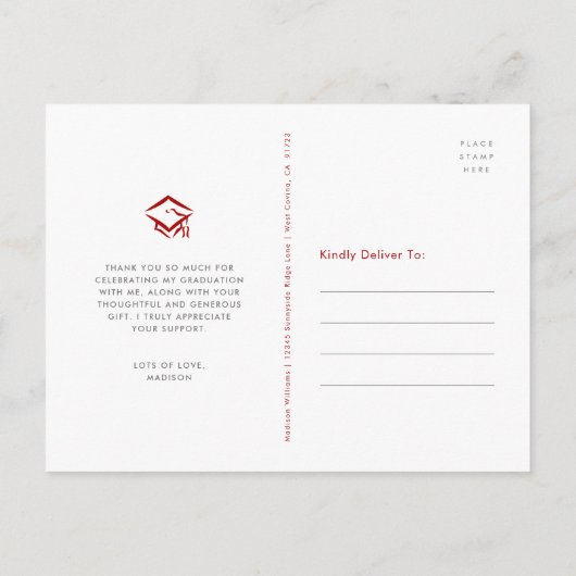 赤い卒業写真スクリプトハートはっきりしたありがとう ポストカード (裏面)