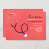 赤い卒業帽の聴診器 招待状 (正面/裏面)