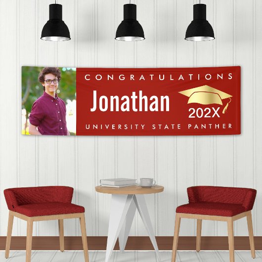 赤い卒業式1フォト金ゴールドモダンキャはっきりしたップ 横断幕