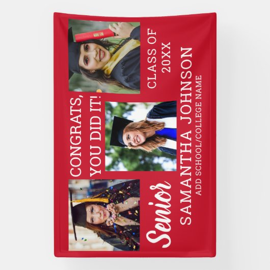 赤い卒業式3フォトコラージュおめでとうシニアズ 横断幕 (縦)