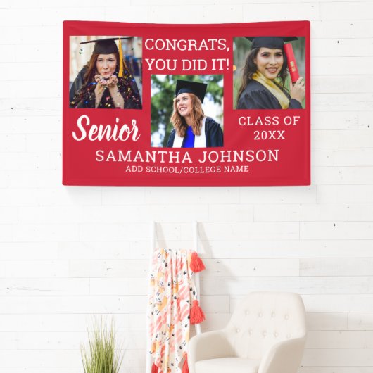 赤い卒業式3フォトコラージュおめでとうシニアズ 横断幕 (インサイチュ)