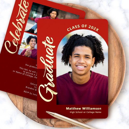 赤い卒業式4フォトスクリプトアーチパーティー実在金ゴールド 箔招待状