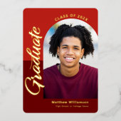 赤い卒業式4フォトスクリプトアーチパーティー実在金ゴールド 箔招待状 (正面)