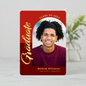 赤い卒業式4フォトスクリプトアーチパーティー実在金ゴールド 箔招待状 (立ち正面)